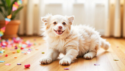 Happy fluffy puppy playing with confetti on wooden floor, festive joy