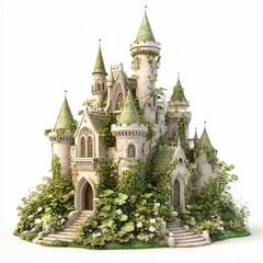 Fototapeta premium Enchanted stone castle with green ivy and foliage.