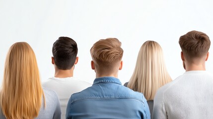 Fototapeta premium Rear view of diverse group of people standing against a white background, showcasing different hair colors and styles, symbolizing unity in diversity and individuality expression.
