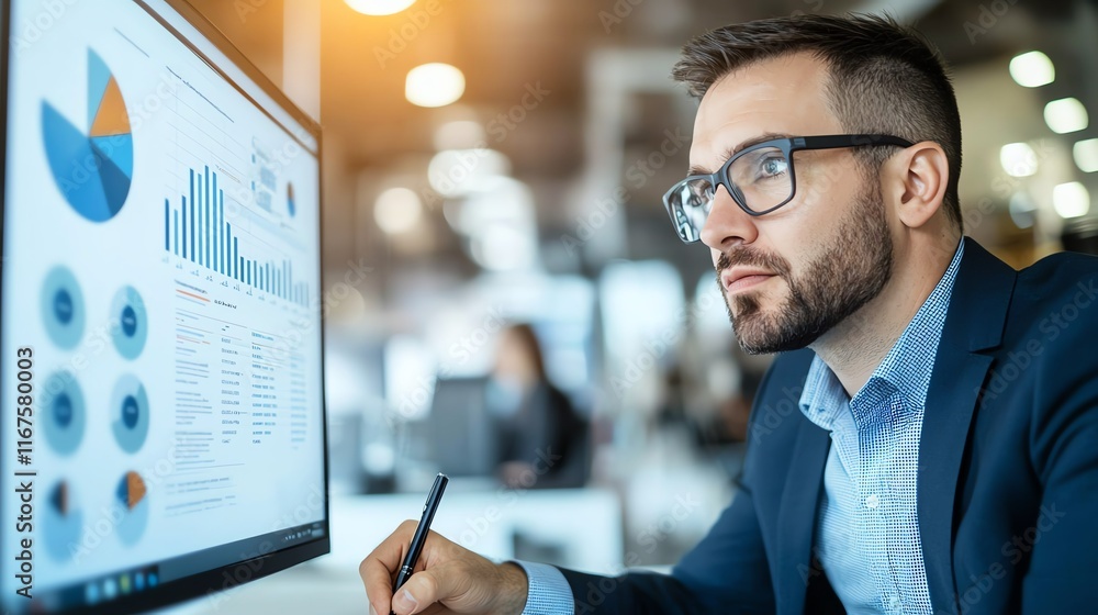 Poster focused businessman in a modern office analyzing data on a computer screen with charts and graphs. t