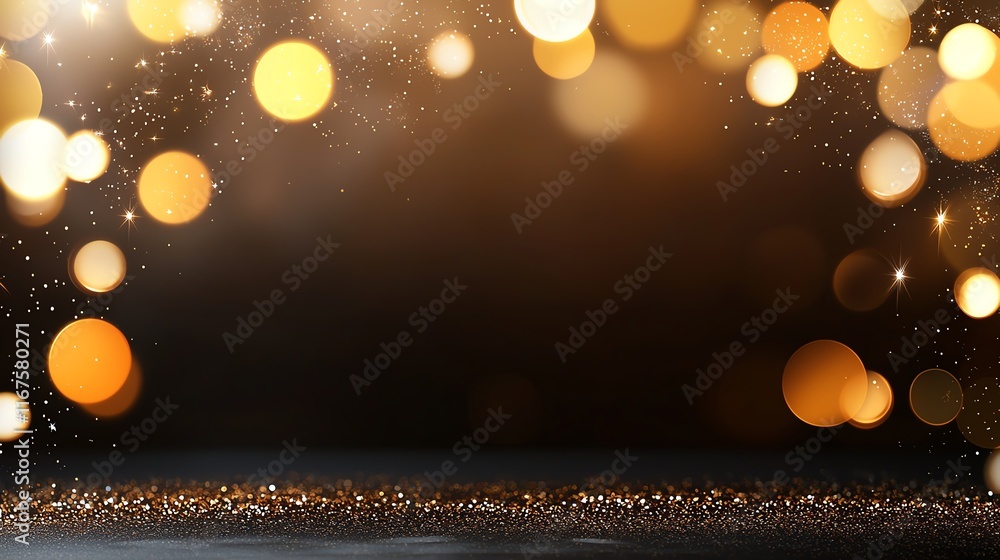Poster a mesmerizing blend of golden bokeh lights on a dark background, creating an enchanting and magical 