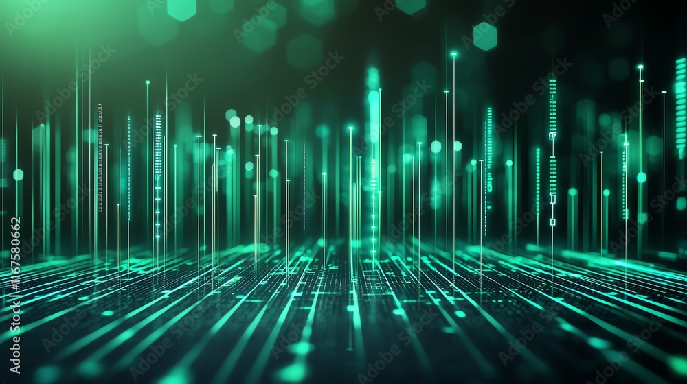 Poster a futuristic digital landscape with glowing green lines and hexagons symbolizing data flow and conne