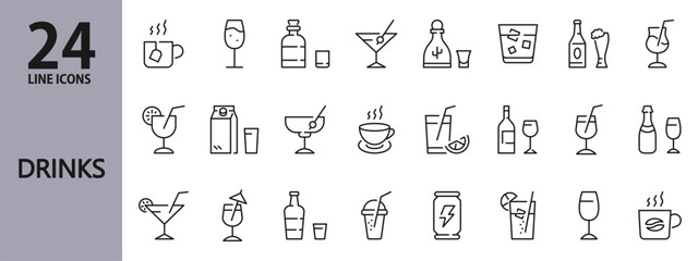 Drinks line icons set with Lemonade, Ice, Coffee, Tea, Water, Beverage, Wine, Juice, Bottle and more. Editable Stroke