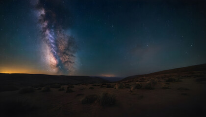Fototapeta premium Milky way galaxy rising over empty desert landscape at night