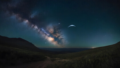 Fototapeta premium The milky way and moon shining over mountain road at night