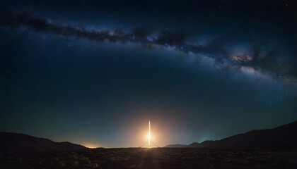 Rocket launching into space with milky way galaxy in background