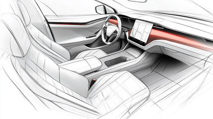 Futuristic car interior design rendered as a detailed wireframe sketch showcasing dashboard, steering wheel, and luxury cabin
