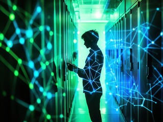 A person in a data center with glowing green network connections, symbolizing technology.