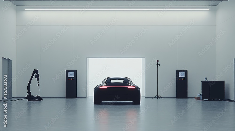 Poster futuristic concept car in high-tech testing laboratory for prototype development and automotive inno
