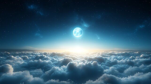 A breathtaking view of a full moon illuminating fluffy clouds at night, set against a serene sky transitioning into dawn, evoking a sense of calm and wonder.