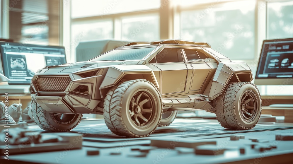 Poster futuristic suv prototype model displayed in a bright automotive design studio with 3d sketches and d
