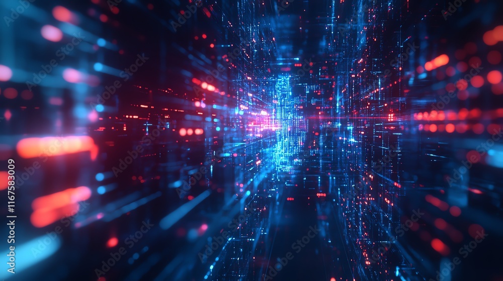 Poster futuristic digital landscape with dynamic neon lights and data streams, illustrating the concept of 