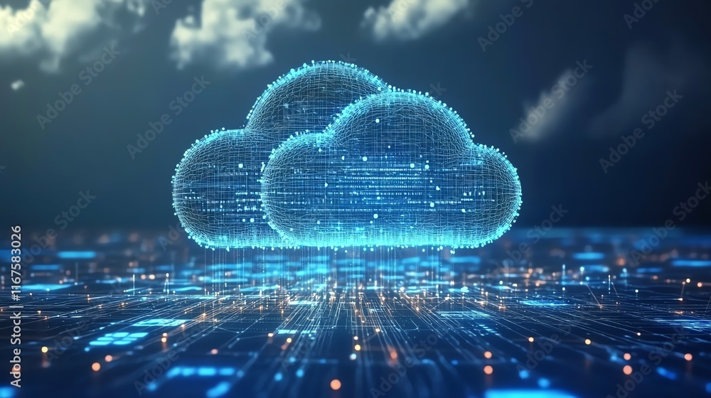 Poster a digital cloud network with futuristic blue lights, symbolizing innovation in computing technology 
