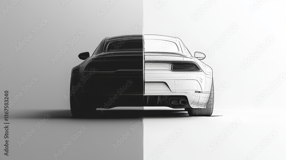 Poster split-view car showcasing ai-generated blueprint on one side and photorealistic rendering on the oth