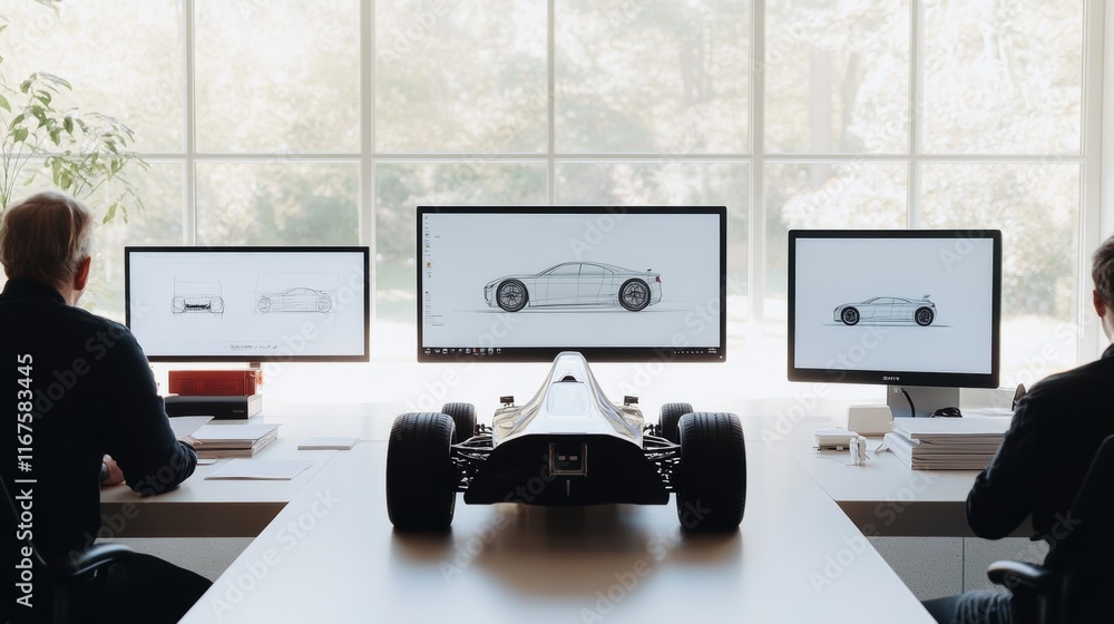 Poster car design studio with ai-driven digital prototyping. engineers working on advanced vehicle concepts
