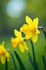Yellow daffodils swaying gently in the breeze , petals, green grass