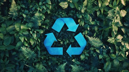 A blue recycling symbol surrounded by lush green foliage, emphasizing environmental sustainability.
