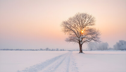 Lonely tree covered with snow shining under the winter sunset
