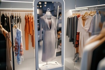 Stylish clothing display in a modern boutique showcasing various dresses and apparel
