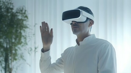 Man in White Shirt Uses Virtual Reality Headset