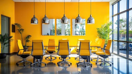  Conference room with bold pop of color featuring bright yellow accent wall and matching chair upholstery, creating vibrant and dynamic workspace atmosphere.