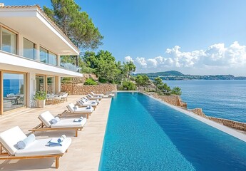 Fototapeta premium Mallorca, with the blue sea in the background, a white modern luxury villa with an infinity pool and sun loungers along the edge of it.
