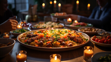 Fototapeta premium Large platter with delicious food, candlelight at festive dinner. Perfect for use in restaurant promotions or event flyers.