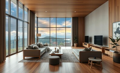 Fototapeta premium Sophisticated japandi living room with light wood furniture and minimalist decor Japandi interior design interior design japandi style modern