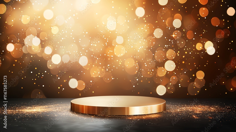 Poster golden podium with sparkling bokeh background, creating an elegant and festive atmosphere. ideal for