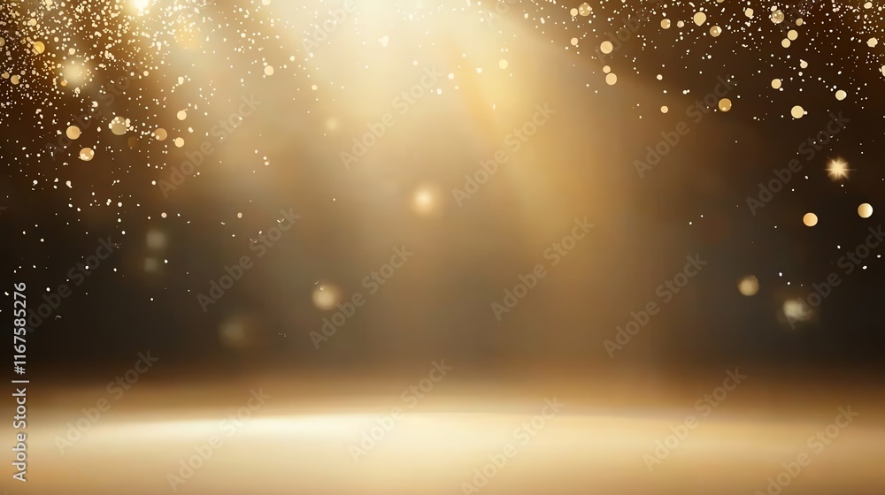 Poster a shimmering golden bokeh background with sparkling light rays and soft, glowing particles