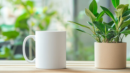 A white mug sits on a wooden table next to a potted plant. The background is blurred, showcasing lush greenery.