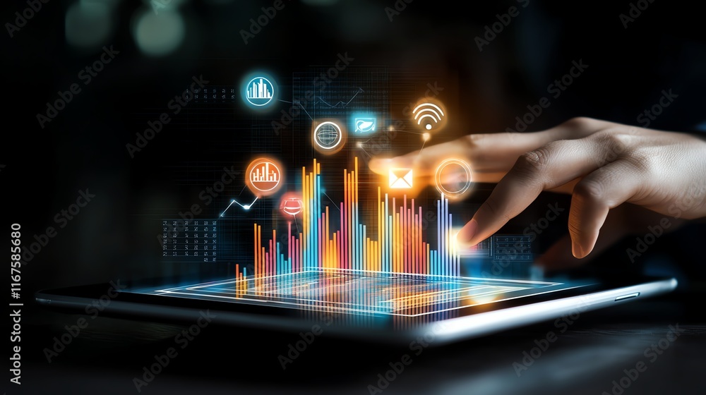 Poster a hand interacts with a digital tablet displaying vibrant data graphs and icons, symbolizing advance
