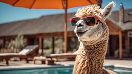 Cool Alpaca in Sunglasses Relaxing Poolside Under an Orange Umbrella