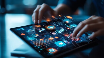 Hands interact with a futuristic digital tablet displaying innovative technology interfaces and data, symbolizing modern digital transformation and cutting-edge advancements in sof
