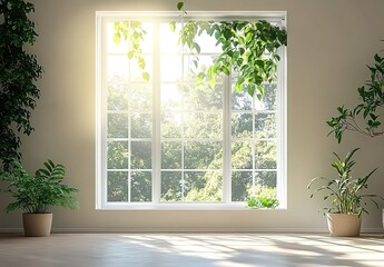 Fototapeta premium 3D rendering of a large window with green plants on the left and right sides, with sunlight shining through, and a beige wall.