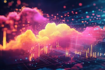 Fototapeta premium A futuristic visualization of data with glowing neon-colored clouds and digital graphs.