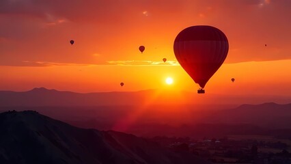 Fototapeta premium Hot Air Balloons Floating in a Fiery Sunset 