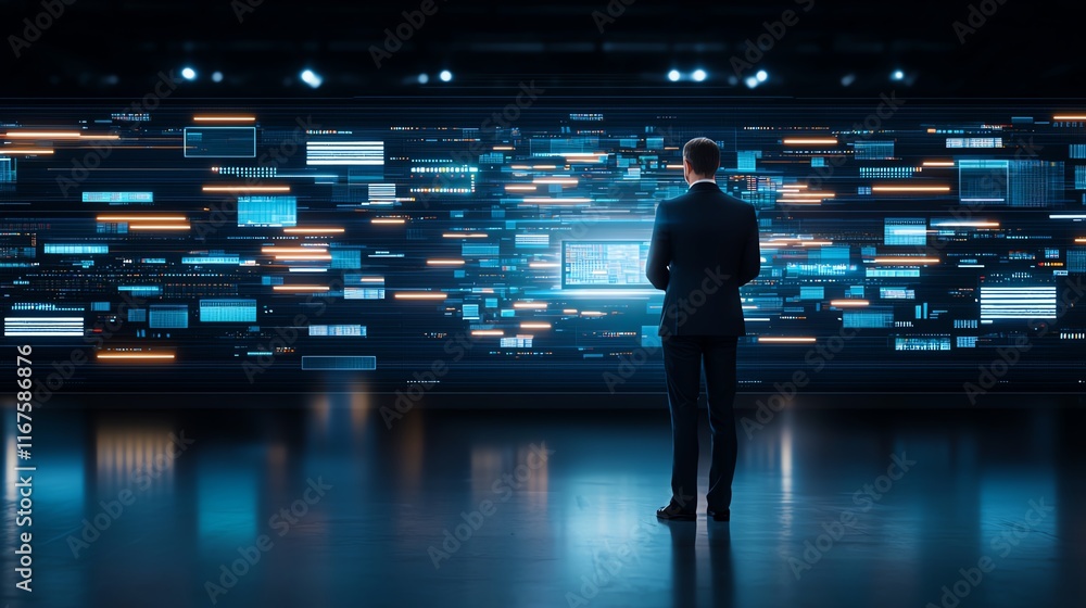 Aufkleber a business professional stands in front of a digital screen displaying vibrant data streams