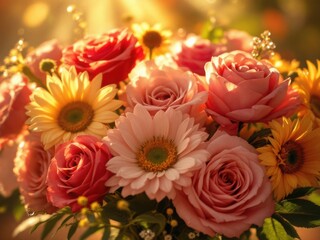 Fototapeta premium Vibrant Bouquet of Roses and Daisies in Warm Sunlight
