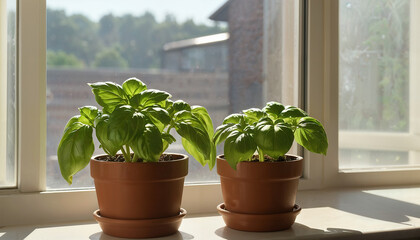 basil in a pot on the window with sunlight