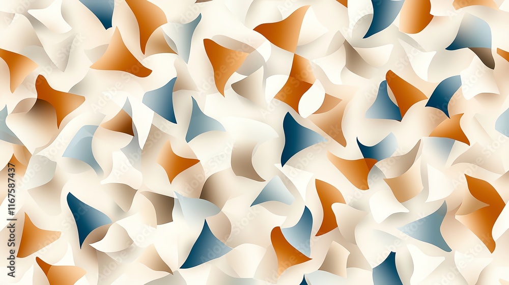Poster abstract geometric pattern with 3d shapes in blue, orange, and beige tones, creating a visually dyna