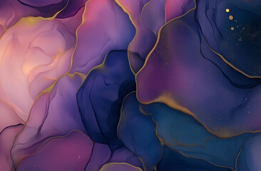 Obraz premium Abstract alcohol ink artwork with vibrant blue and purple tones blending seamlessly, intricate patterns reminiscent of a night sky, golden accents adding depth and a dreamy quality