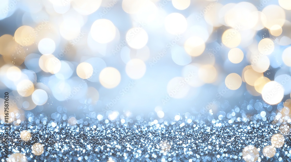 Poster a dazzling abstract background with sparkling bokeh lights in shades of silver and gold, evoking a f