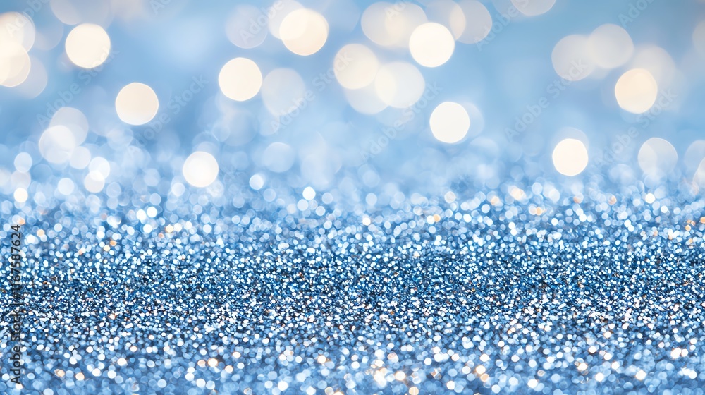 Poster a shimmering close-up of blue glitter with bokeh lights in the background, creating a sparkling and 