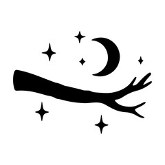 A black silhouette of a rabbit with a crescent moon and stars in the night sky background