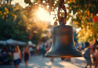 Obraz premium A close-up of an antique bell hanging in the center, with people walking past on both sides, captured from behind under bright sunlight.