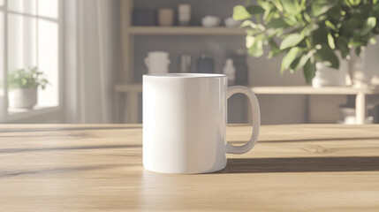A plain white mug sits on a light wood table in a sunlit room.  Perfect for your design!
