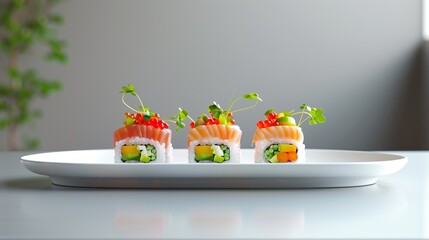 A duo of colorful sushi rolls with vibrant toppings displayed neatly on a flat white plate.