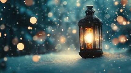 A glowing lantern in a snowy landscape creates a warm, inviting atmosphere amidst falling snow.