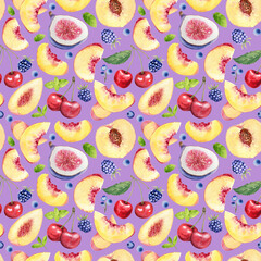 Watercolor seamless pattern with peaches fruit slices, cherries, figs and blackberries. Fruit hand drawn elements for summer food design on violet background